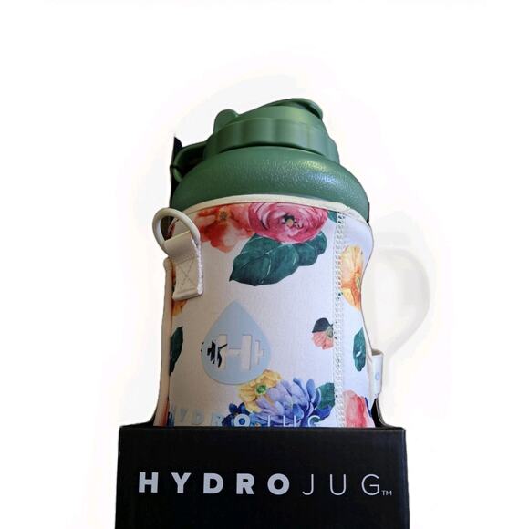 HYDROJUG Water Hydration Bottle Green with Floral Print Sleeve & Straw 73 Oz NEW - Picture 3 of 7